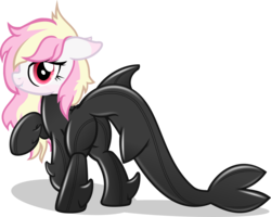 Size: 2449x1961 | Tagged: dead source, safe, artist:nxzc88, oc, oc only, oc:rainy skies, original species, pony, shark pony, bedroom eyes, bodysuit, butt, commission, cute, cute little fangs, fangs, female, floppy ears, high res, latex, latex suit, looking at you, looking back, looking back at you, plot, raised hoof, simple background, smiling, solo, transparent background, vector