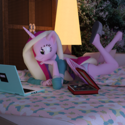Size: 1700x1700 | Tagged: safe, artist:tahublade7, princess cadance, alicorn, anthro, plantigrade anthro, art pack:pantiepalooza, g4, 3d, adorasexy, bed, chocolate, clothes, computer, cute, cutedance, daz studio, female, food, laptop computer, lying down, panties, sexy, slippers, solo, underwear