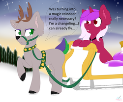 Size: 6002x5000 | Tagged: safe, artist:cassidyspectrum, oc, oc only, oc:burning passion, oc:cyanide sting, changeling, deer, pony, reindeer, unicorn, absurd resolution, changeling oc, harness, sleigh, snow, tack, transformed