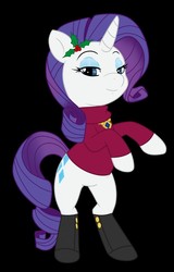 Size: 818x1280 | Tagged: safe, artist:cascadingclovers, rarity, pony, unicorn, g4, black background, boots, clothes, female, holly, jewelry, lidded eyes, looking at you, mare, necklace, rearing, shoes, simple background, solo, sweater, turtleneck