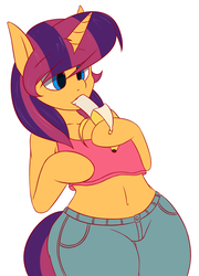 Size: 1879x2606 | Tagged: safe, artist:psicarii, oc, oc only, oc:color spark, unicorn, semi-anthro, banana, belly button, clothes, eating, female, food, herbivore, hoof hold, jeans, mare, midriff, pants, solo, tank top