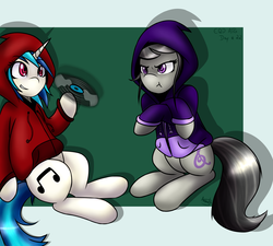 Size: 2000x1800 | Tagged: safe, artist:akashasi, dj pon-3, octavia melody, vinyl scratch, earth pony, pony, unicorn, g4, clothes, female, grumpy, hoodie, mare, octavia is not amused, record, unamused