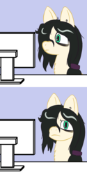 Size: 400x800 | Tagged: safe, artist:scraggleman, oc, oc only, oc:floor bored, earth pony, pony, bags under eyes, chest fluff, computer, computer reaction faces, disappointed, female, looking at you, mare, reaction image, simple background, solo, unamused