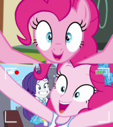 Size: 1920x2160 | Tagged: safe, screencap, pinkie pie, rarity, earth pony, pony, best trends forever, best trends forever: pinkie pie, equestria girls, g4, make new friends but keep discord, my little pony equestria girls: better together, bow, breaking the fourth wall, camera shot, choose pinkie pie, comparison, female, fourth wall, geode of shielding, geode of sugar bombs, he wants all of the cakes