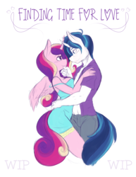 Size: 1700x2200 | Tagged: safe, artist:ambris, princess cadance, shining armor, unicorn, anthro, g4, clothes, cute, cutedance, female, heartwarming, looking at each other, male, mare, open clothes, open shirt, shining adorable, ship:shiningcadance, shipping, simple background, smiling, stallion, straight, white background, wip