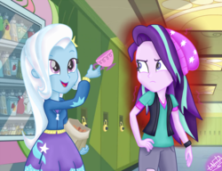 Size: 1300x1000 | Tagged: safe, artist:liniitadash23, starlight glimmer, trixie, all bottled up, equestria girls, g4, anger magic, angry, beanie, canterlot high, clothes, cup, cute, duo, equestria girls interpretation, female, hallway, hat, hoodie, lockers, magic, messy hair, pants, scene interpretation, show accurate, skirt, teacup, vending machine, vest