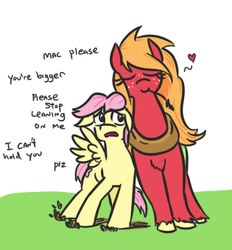 Size: 315x340 | Tagged: safe, artist:jargon scott, big macintosh, fluttershy, earth pony, pegasus, pony, adorascotch, big macintosh's yoke, butterreina, butterscotch, c:, collar, cute, dialogue, dirt, eyes closed, female, floppy ears, fluffy, fluttermac, freckles, frown, grass, heart, horse collar, leaning, macabetes, macareina, male, mare, open mouth, pls, rule 63, rule63betes, shipping, simple background, size difference, smaller male, smiling, spread wings, stallion, straight, straw in mouth, unshorn fetlocks, white background, wings
