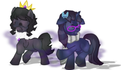 Size: 3680x2125 | Tagged: safe, artist:nxzc88, oc, oc only, oc:nova, oc:queen size, earth pony, pony, unicorn, g4, my little pony: the movie, bow, clothes, crown, duo, glasses, gritted teeth, hair bow, high res, jewelry, obsidian, petrification, raised hoof, raised leg, regalia, scarf, simple background, surprised, transparent background, vector, wide eyes