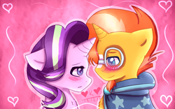 Size: 1920x1200 | Tagged: safe, artist:catringleyzis, starlight glimmer, sunburst, pony, unicorn, g4, abstract background, blushing, bust, chest fluff, colored pupils, female, floppy ears, looking at each other, male, mare, profile, ship:starburst, shipping, stallion, straight