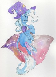 Size: 932x1280 | Tagged: safe, artist:idefix, trixie, pony, unicorn, g4, curved horn, female, horn, leonine tail, mare, smiling, solo, traditional art, unshorn fetlocks, watercolor painting