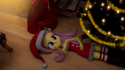 Size: 3840x2160 | Tagged: safe, artist:efk-san, fluttershy, equestria girls, g4, 3d, blender, christmas, christmas lights, christmas tree, clothes, female, floor, hat, high res, holiday, santa hat, solo, tree, wallpaper