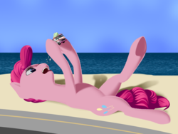 Size: 2400x1800 | Tagged: safe, artist:styroponyworks, pinkie pie, earth pony, pony, g4, beach, eating, female, giant pony, ice cream truck, macro, mare, ocean, open mouth, sand, solo, underhoof, water