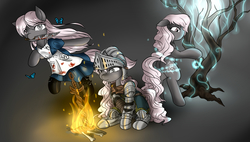 Size: 2117x1200 | Tagged: safe, artist:mingle, oc, oc only, oc:mingle, butterfly, earth pony, pony, alice in wonderland, alice: madness returns, armor, bipedal, blood, bone, bonfire, boots, clothes, color, crossover, dark souls, dress, female, fire, helmet, heterochromia, knife, mare, mouth hold, ponified, shoes, sitting, the void, tree, turgor
