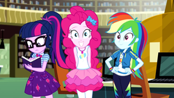 Size: 1280x720 | Tagged: safe, screencap, pinkie pie, rainbow dash, sci-twi, twilight sparkle, best trends forever, equestria girls, g4, my little pony equestria girls: better together, book, clothes, cute, diapinkes, female, geode of sugar bombs, geode of super speed, geode of telekinesis, glasses, hairband, legs together, looking at you, magical geodes, pants, pantyhose, ponytail, rah rah skirt, sci-twi skirt, skirt, trio, trio female