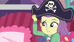 Size: 1920x1080 | Tagged: safe, screencap, lily pad (g4), equestria girls, g4, my little pony equestria girls: better together, pinkie sitting, clothes, couch, female, hat, indoors, phone, pillow, pirate hat, smartphone, solo, young