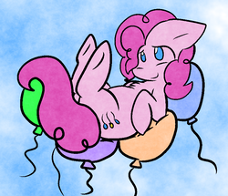Size: 824x707 | Tagged: safe, artist:zutcha, pinkie pie, earth pony, pony, g4, balloon, balloon riding, chest fluff, female, floating, floppy ears, mare, no pupils, on back, sky, smiling, solo, then watch her balloons lift her up to the sky