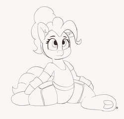 Size: 1280x1228 | Tagged: safe, artist:pabbley, pinkie pie, earth pony, semi-anthro, g4, 30 minute art challenge, clothes, female, flexible, frog (hoof), lineart, monochrome, shorts, solo, splits, underhoof, wristband