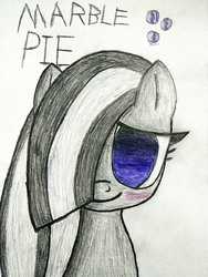 Size: 1536x2048 | Tagged: safe, artist:superhypersonic2000, marble pie, earth pony, pony, g4, blushing, bust, female, hair over one eye, looking at you, mare, no pupils, portrait, shy, shy smile, simple background, smiling, solo, traditional art, white background