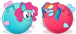 Size: 4040x1827 | Tagged: safe, artist:nxzc88, pinkie pie, rainbow dash, earth pony, pegasus, pony, g4, alternate hairstyle, ball, blushing, bondage, duo, encasement, female, frog (hoof), handles, high res, inflatable, inflation, mare, one eye closed, pacifier gag, pigtails, simple background, space hopper, squirming, tied up, transparent background, unamused, underhoof, vector, wobbling