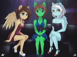Size: 2761x2029 | Tagged: safe, artist:oatmeal, artist:pixel's workstation, oc, oc only, oc:grace note, oc:mint mocha, oc:scribble, earth pony, pegasus, anthro, plantigrade anthro, clothes, dress, freckles, group, group photo, high heels, high res, jewelry, necklace, nightclub, shoes