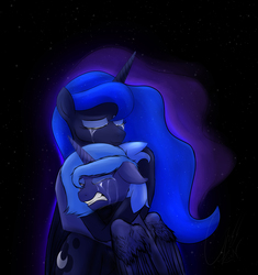 Size: 4841x5145 | Tagged: safe, artist:theravencriss, princess luna, alicorn, pony, g4, absurd resolution, comfort, comforting, crying, duality, duo, eyes closed, female, hug, mare, s1 luna, self ponidox, smiling