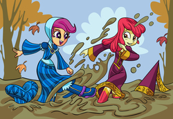 Size: 2554x1756 | Tagged: source needed, safe, artist:art-2u, apple bloom, scootaloo, equestria girls, for whom the sweetie belle toils, g4, boots, clothes, commission, costume, dirty, dress, duo, female, gown, happy, hat, hennin, jewelry, kicking, mud, necklace, playing, puddle, shoes, smiling, splashing
