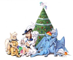 Size: 1400x1150 | Tagged: safe, artist:baron engel, princess celestia, rainbow dash, oc, oc:carousel, oc:dusty katt, oc:petina, oc:sky brush, pony, unicorn, g4, canon x oc, christmas, christmas tree, commission, hat, holiday, ornaments, present, simple background, smiling, top hat, tree, white background