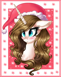 Size: 1010x1265 | Tagged: safe, artist:gihhbloonde, oc, oc only, oc:gihh bloonde, pony, unicorn, blushing, chest fluff, christmas, female, hat, holiday, horn, mare, santa hat, solo, unicorn oc