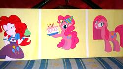 Size: 2064x1161 | Tagged: safe, pinkie pie, human, pony, equestria girls, g4, female, mare, painting, pinkamena diane pie, triptych