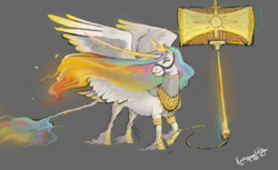 Size: 1538x942 | Tagged: safe, artist:penrosa, princess celestia, alicorn, classical unicorn, pony, unicorn, g4, armor, bracelet, bridle, chainmail, chains, cloven hooves, crown, curved horn, ear piercing, earring, ethereal mane, female, fire, glowing eyes, glowing mane, gray background, hammer, hoof shoes, horn, horn jewelry, horn ring, impossibly large horn, jewelry, large wings, leonine tail, levitation, lidded eyes, long horn, magic, mane, mane of fire, mare, open mouth, peytral, piercing, raised hoof, regalia, simple background, sledgehammer, smiling, smirk, solo, spread wings, tack, tail feathers, tail jewelry, tail ring, telekinesis, unshorn fetlocks, war hammer, weapon, wings