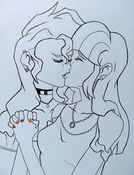Size: 1280x1669 | Tagged: safe, artist:felinillo, sunset shimmer, twilight sparkle, human, equestria girls, g4, clothes, cutie mark accessory, cutie mark earrings, cutie mark necklace, dress, duo, eyes closed, female, holding hands, kiss on the lips, kissing, lesbian, lineart, nail polish, partial color, ship:sunsetsparkle, shipping, wip