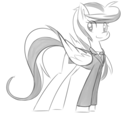 Size: 671x618 | Tagged: source needed, safe, artist:reiduran, oc, oc only, oc:ostria chime, pegasus, pony, clothes, ear fluff, female, grayscale, looking at you, mare, monochrome, necktie, simple background, smiling, solo, suit, white background