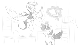 Size: 1378x809 | Tagged: source needed, safe, artist:reiduran, oc, oc only, oc:corona flare, oc:ostria chime, pony, clothes, flying, glowing horn, grayscale, horn, magic, monochrome, necktie, smiling, telekinesis