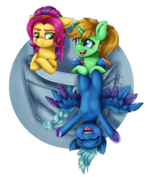 Size: 4028x4800 | Tagged: safe, artist:gaelledragons, oc, oc only, earth pony, pegasus, pony, unicorn, absurd resolution, armpits, commission, crossed arms, frog (hoof), frown, micro, pocket, pocket pony, simple background, transparent background, underhoof, upside down