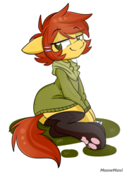 Size: 2893x4092 | Tagged: safe, artist:meowmavi, oc, oc only, earth pony, pony, brown eyes, clothes, female, lidded eyes, mare, paw gloves, paw pads, paw prints, red mane, simple background, smiling, socks, solo, sweater, white background, yellow coat