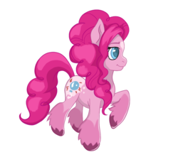 Size: 911x806 | Tagged: safe, artist:root, pinkie pie, pony, g4, female, g5 concept leak style, g5 concept leaks, happy, pinkie pie (g5 concept leak), simple background, solo, trotting, unshorn fetlocks