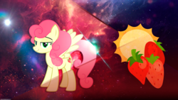 Size: 2560x1440 | Tagged: safe, artist:pyropk, edit, strawberry sunrise, pegasus, pony, g4, honest apple, female, food, strawberry, wallpaper, wallpaper edit