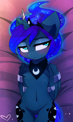 Size: 1580x2656 | Tagged: safe, artist:magnaluna, princess luna, alicorn, pony, semi-anthro, g4, arm behind back, belly button, blushing, bondage, both cutie marks, bound wings, chest fluff, cute, featureless crotch, female, jewelry, lunabetes, mare, regalia, solo, unamused