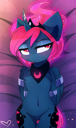 Size: 1580x2656 | Tagged: safe, alternate version, artist:magnaluna, princess luna, alicorn, pony, semi-anthro, g4, alternate hairstyle, arm behind back, belly button, blood moon luna, blushing, bondage, both cutie marks, chest fluff, featureless crotch, female, jewelry, mare, on back, regalia, solo, thigh gap, unamused