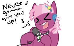 Size: 640x400 | Tagged: safe, artist:pushpin-heart, cheerilee, earth pony, pony, g4, 80s, 80s cheerilee, ><, dialogue, eyes closed, female, microphone, music notes, never gonna give you up, rick astley, rickroll, simple background, solo, song reference, white background