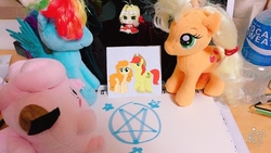 Size: 773x435 | Tagged: safe, applejack, bright mac, pear butter, rainbow dash, clefairy, g4, alchemy, female, fullmetal alchemist, irl, male, pentagram, photo, plushie, pokémon, ship:brightbutter, shipping, straight, this will end in pain, this will end in tears, this will end with two hooves missing and a walking suit of armor, this will not end well, transmutation circle, we are going to hell, xk-class end-of-the-world scenario