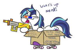 Size: 640x433 | Tagged: safe, artist:jargon scott, shining armor, pony, unicorn, g4, 3d glasses, cardboard box, dialogue, female, gleaming shield, hoof hold, mare, narf, nerd, nerf, nerf gun, open mouth, rule 63, simple background, skateboard, smiling, solo, stallion, white background