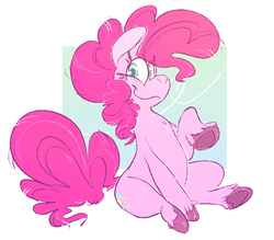 Size: 797x698 | Tagged: safe, artist:idefix, pinkie pie, earth pony, pony, g4, female, looking at you, raised hoof, simple background, sitting, smiling, solo