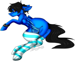 Size: 820x659 | Tagged: safe, artist:ohflaming-rainbow, oc, oc only, oc:sonica, pegasus, pony, butt, clothes, female, mare, plot, prone, simple background, socks, solo, striped socks, transparent background, underhoof