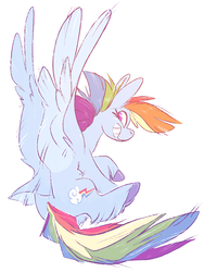 Size: 743x989 | Tagged: safe, artist:idefix, rainbow dash, pegasus, pony, g4, cutie mark, female, flying, grin, looking at you, simple background, smiling, solo, unshorn fetlocks, wings