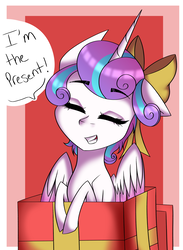 Size: 1900x2600 | Tagged: safe, artist:misskitkat2002, princess flurry heart, alicorn, pony, g4, bow, box, cute, eyes closed, female, filly, floppy ears, flurrybetes, grin, hair bow, leaning, older, pony in a box, present, smiling, solo, spread wings, wings