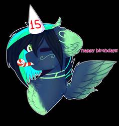 Size: 1713x1806 | Tagged: safe, artist:doux-ameri, oc, oc only, oc:plasma, pegasus, pony, black background, bust, female, hat, mare, one eye closed, party hat, party horn, portrait, simple background, solo