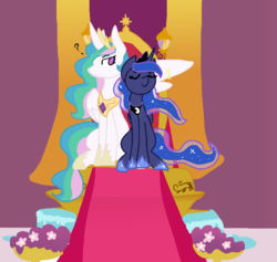 Size: 750x710 | Tagged: safe, artist:nootaz, princess celestia, princess luna, alicorn, pony, g4, commission, duo, female, flower, mare, royal sisters, sibling rivalry, siblings, throne