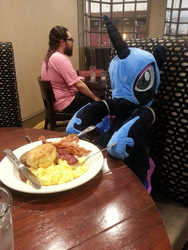 Size: 3264x2448 | Tagged: safe, nightmare moon, alicorn, human, pony, g4, bacon, biscuits, breakfast, egg (food), food, high res, hoof shoes, irl, meat, nightmare nights dallas, nightmare nights dallas 2017, photo, plushie, scrambled eggs, waifu dinner