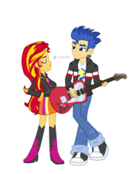 Size: 1536x2048 | Tagged: safe, artist:flashimmer, flash sentry, sunset shimmer, equestria girls, g4, female, guitar, male, ship:flashimmer, shipping, simple background, straight, transparent background, vector